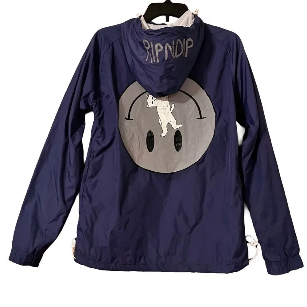 Ripndip Men’s Size Small Navy Windbreaker Jacket Smiley Cat Animal Lover Fun